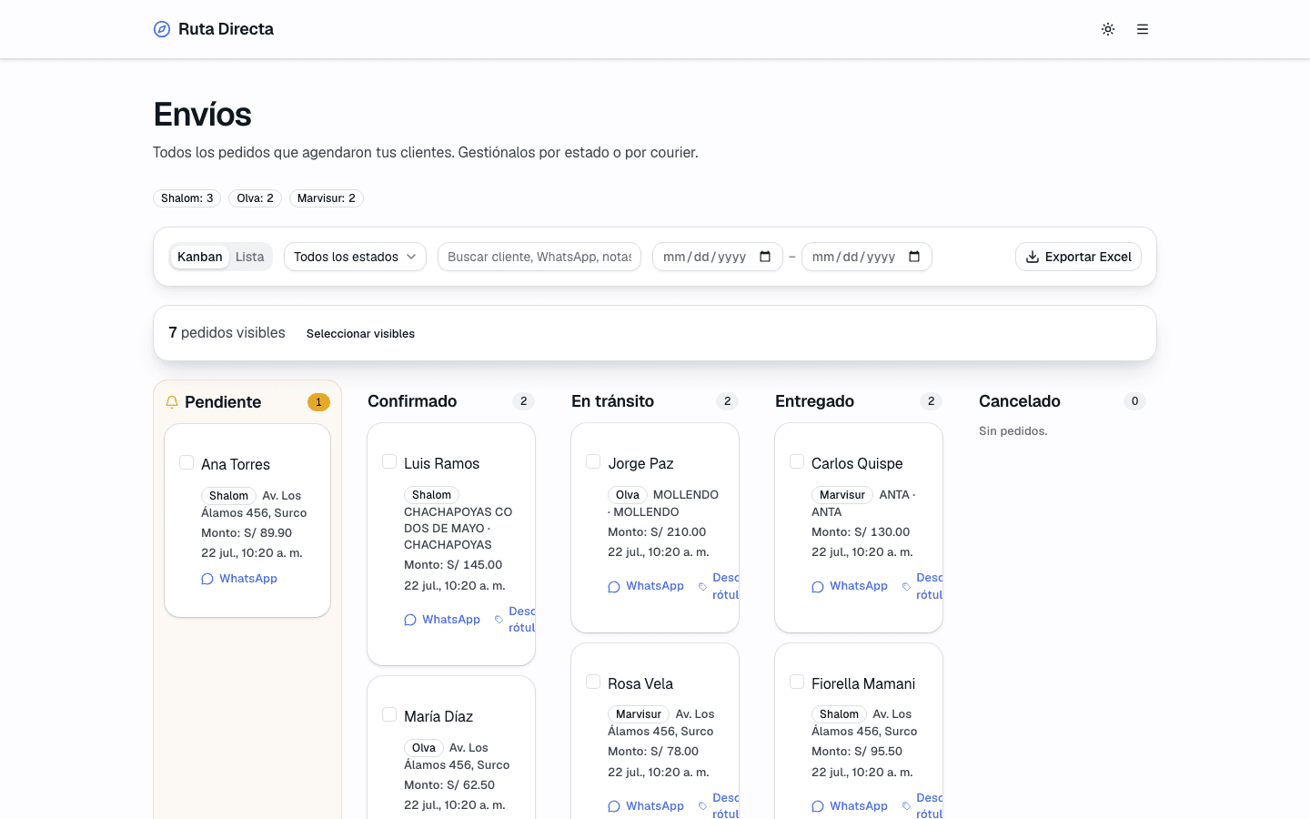 Panel de Envíos con pedidos organizados en Kanban por estado, agrupados por courier
